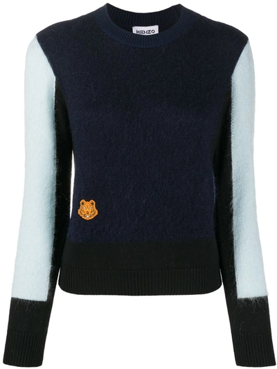 Kenzo Tiger-logo Color-block Wool-blend Sweater In Blue,light Blue