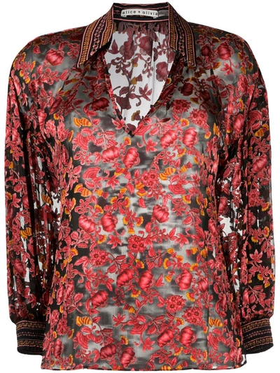 Alice And Olivia Desiree Floral Print Blend-silk Blouse In Twilight Floral Rose