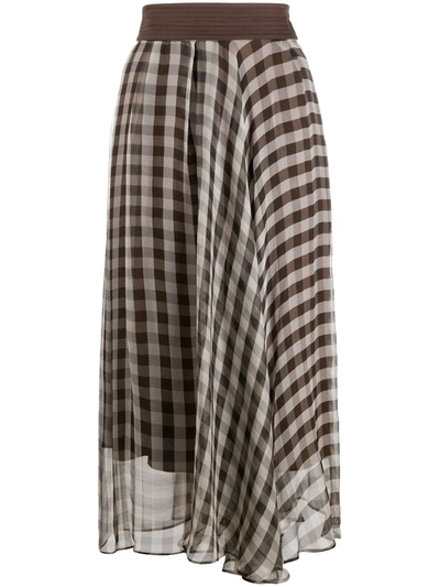 Brunello Cucinelli Leather Waist Gingham Pleated Silk Tulle Midi Skirt In Brown