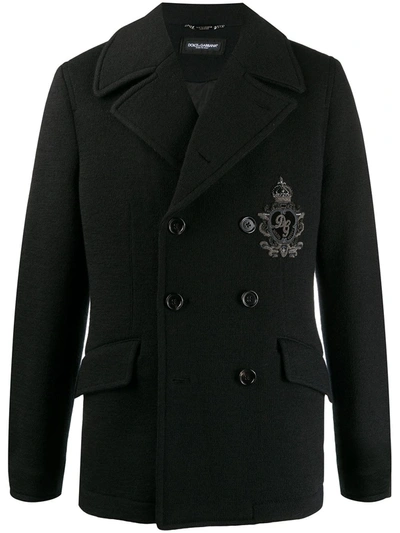 Dolce & Gabbana Jersey Wool Pea Coat With Patch Embellishment In Black