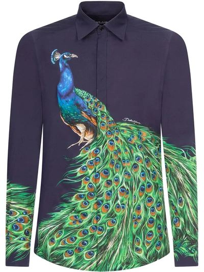 Dolce & Gabbana Peacock-print Cotton Gold-fit Shirt In Blue