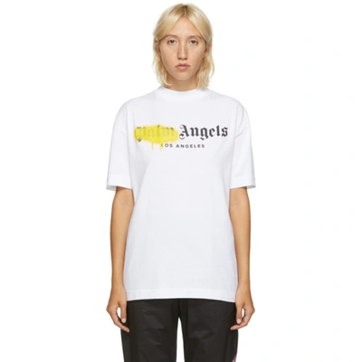 Palm Angels White And Yellow Los Angeles Logo Sprayed T-shirt