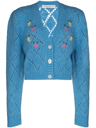 Alessandra Rich Cropped Embroidered Pointelle-knit Alpaca-blend Cardigan In Light Blue