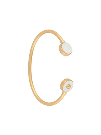 Tory Burch Kira Mother Of Pearl Logo Cuff Bracelet In Rolled Brass / Mother Of Pearl