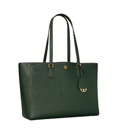 Tory Burch Robinson Small Tote Bag In Pine Tree/#59 Rolled Brass