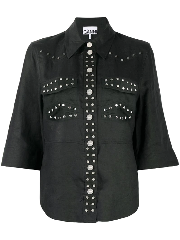 Ganni Stud-embellished Linen Shirt In Black | ModeSens