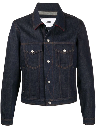 Ami Alexandre Mattiussi Denim Jacket With Snap Buttons Contrasted Hems And Collar In Blue