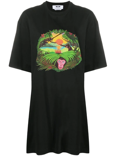 Msgm Jungle-print T-shirt Dress In Black
