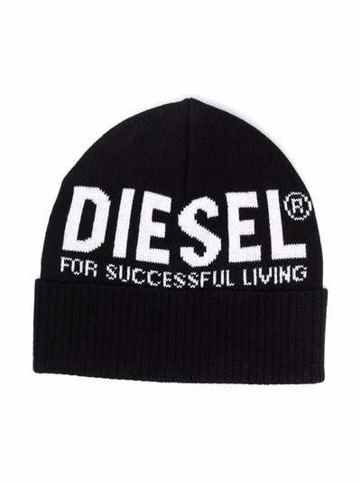 Diesel Teen Knitted Logo Beanie In Black