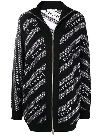 Givenchy Chain Logo Jacquard Zip-front Wool Cardigan In Black