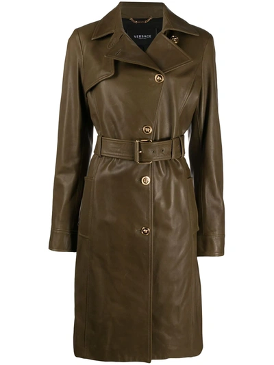 Versace Medusa-button Leather Trench Coat In Military Green