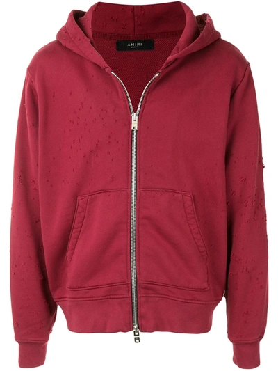 Amiri Distressed Zip-front Hoodie In Red