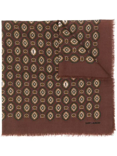 Saint Laurent Monogram Vintage-print Frayed Scarf In Brown