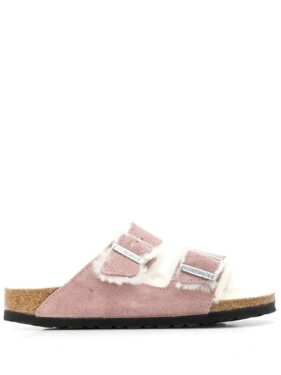 Birkenstock Arizona Mauve Shearling-lined Suede Sliders In Pink