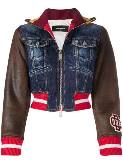 Dsquared2 Crop Denim Varsity Jacket In Blue