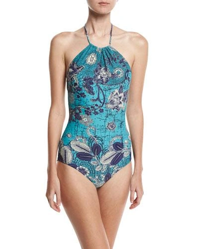 Fuzzi Halter One-piece Swimsuit, Blue Floral
