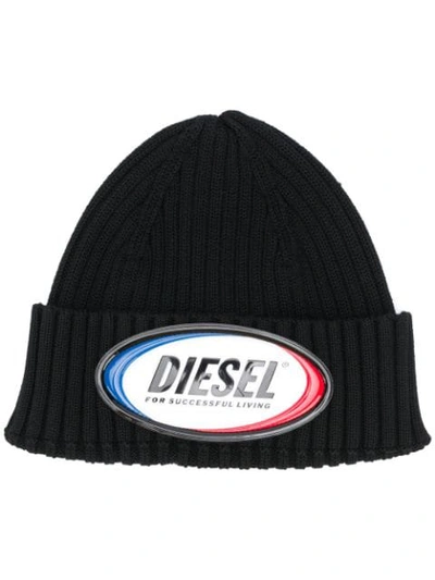 Diesel Logo Patch Beanie In Black
