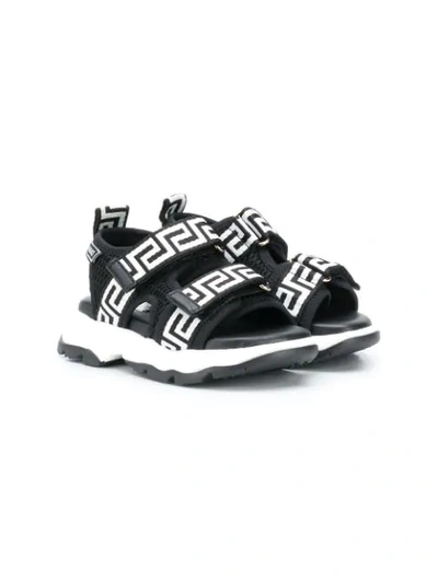 Young Versace Kids' Greca Print Touch Strap Sandals In Black