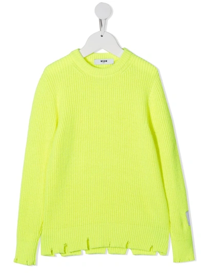 Msgm Kids' Distressed-finish Knitted Jumper In Yellow