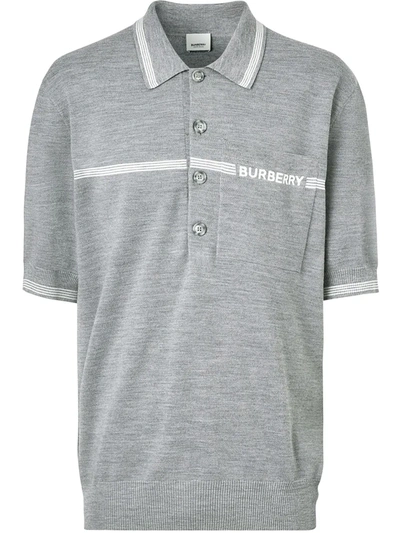 Burberry Stripe Detail Wool Polo Shirt In Grey
