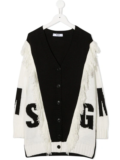 Msgm Kids' Fringe-detail Knitted Cardigan In Black