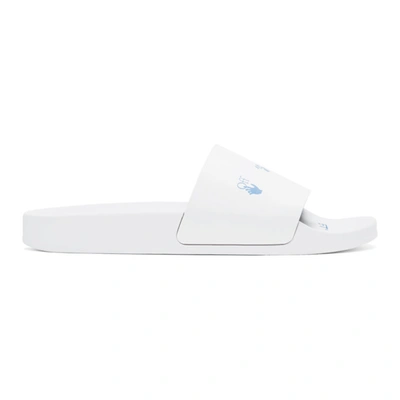 Off-white White Logo Faux Leather Sliders In White/blue