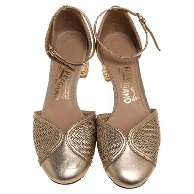 Pre-owned Ferragamo Metallic Gold Woven Leather Edda Block Heel Sandals Size 36.5