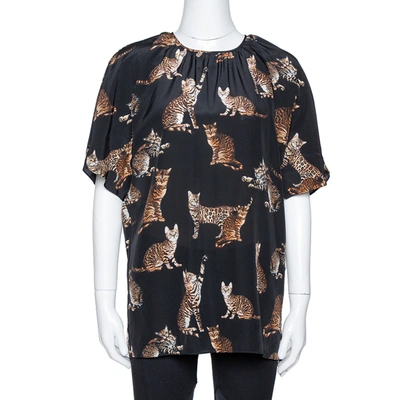 Pre-owned Dolce & Gabbana Black Cat Print Silk Short Sleeve Blouse M