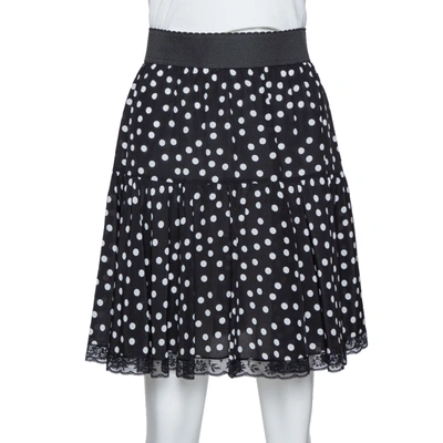 Pre-owned Dolce & Gabbana Black Polka Dot Silk Lace Trim Flared Skirt M