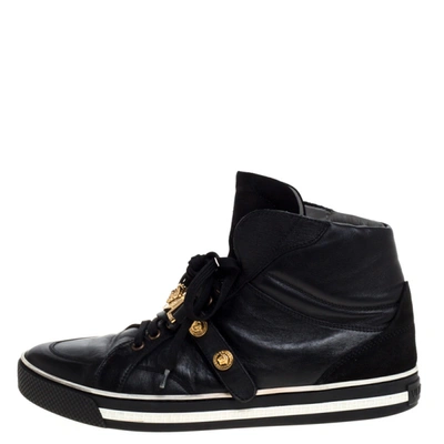 Pre-owned Versace Black Leather And Suede Medusa Strap High Top Sneakers Size 41