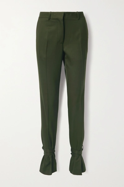 Jw Anderson Bow-embellished Wool Straight-leg Pants In Dark Green