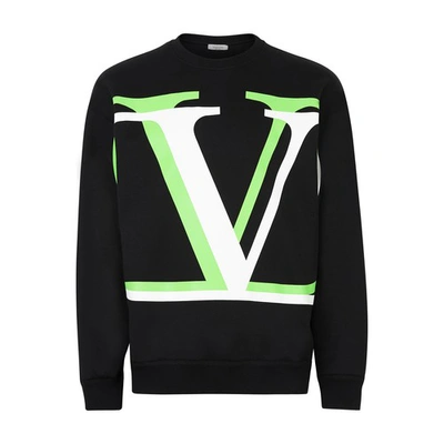Valentino Garavani 2d V Logo Fluo Sweat Shirt In Nero Green Fluo