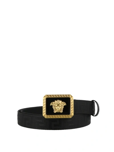 Versace Fabric And Leather Reversible Belt In Black