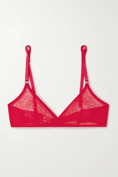 Yasmine Eslami Elisa Embroidered Stretch-tulle Soft-cup Triangle Bra In Red