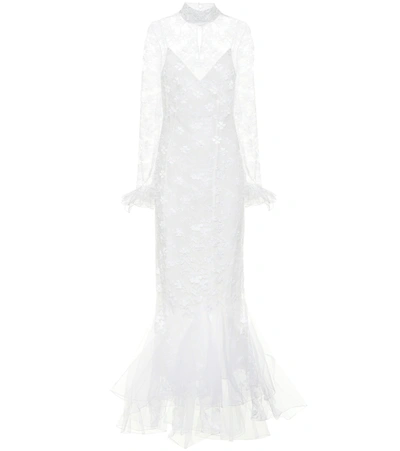 Alessandra Rich White High Neck Silk Lace Tulle Gown