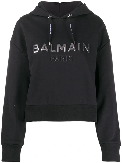 Balmain Logo-print Cropped Hoodie In Black