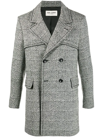 Saint Laurent Leather-piping Tailored Wool-blend Coat In Multicolor