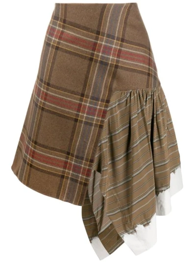 Lanvin Asymmetric Paneled Painted And Checked Woven Skirt In Brown