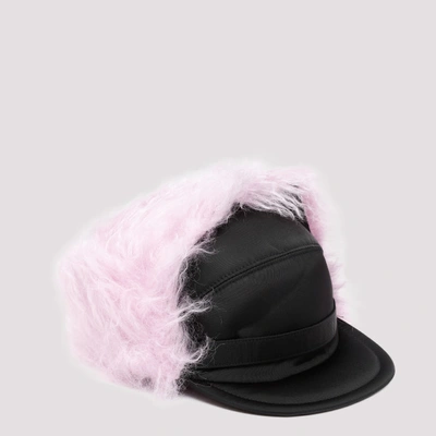 Prada Faux-fur Flap Cap In Black+pink