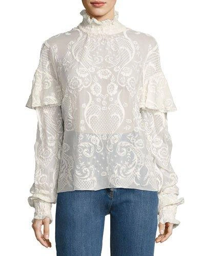 Magda Butrym Vichy Ruffled Embroidered Silk-voile Turtleneck Top In Cream