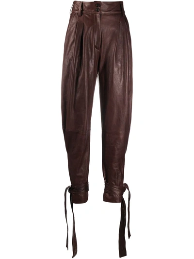 Dolce & Gabbana Tie-detailed Leather Tapered Pants In Brown