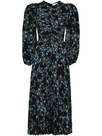 Givenchy Gathered Pleated Floral-print Silk Crepe De Chine Midi Dress In Black
