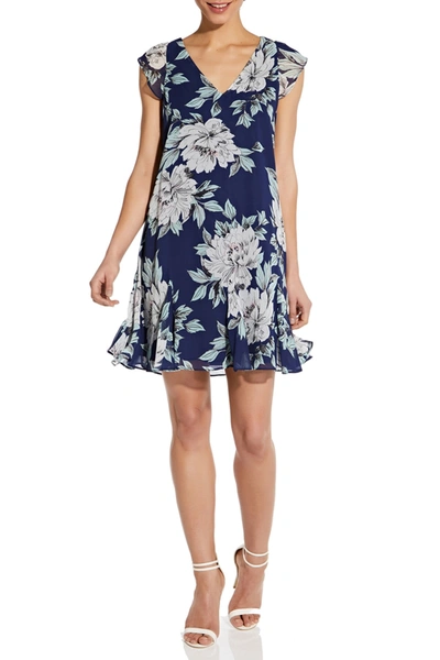Adrianna Papell Floral Print Chiffon Dress In Navy Multi