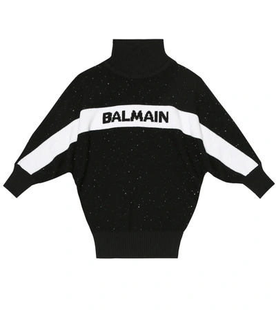 Balmain Kids' Logo提花羊毛针织连衣裙 In Black