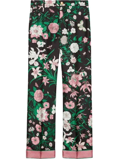 Gucci Floral Silk Trousers In Black