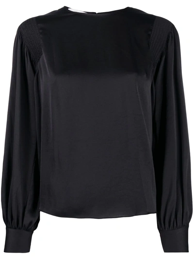 Vince Satin Blouse With Ruched Shoulders In Black
