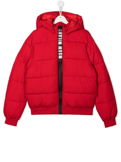 Msgm Kids' Zip-logo Hooded Puffer Jacket In Red