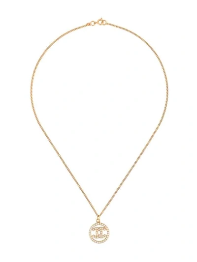Pre-owned Chanel 2004 Rhinestone Cc Pendant Necklace In Gold