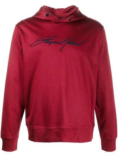 Emporio Armani Embroidered Logo Cotton Hoodie In Red