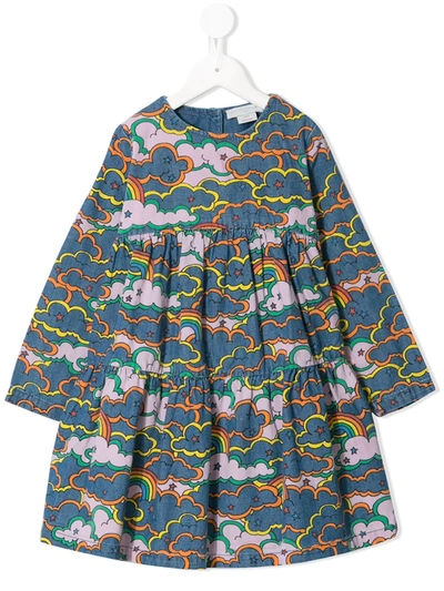 Stella Mccartney Kids' Clouds Print Cotton Denim Dress In Blue